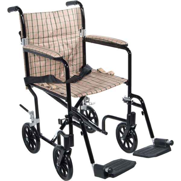 Flyweight Lightweight Transport Wheelchair - 17 Inch Tan Plaid - Click Image to Close